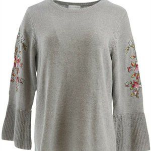 Susan Graver Grey Floral Embroidered Sweater